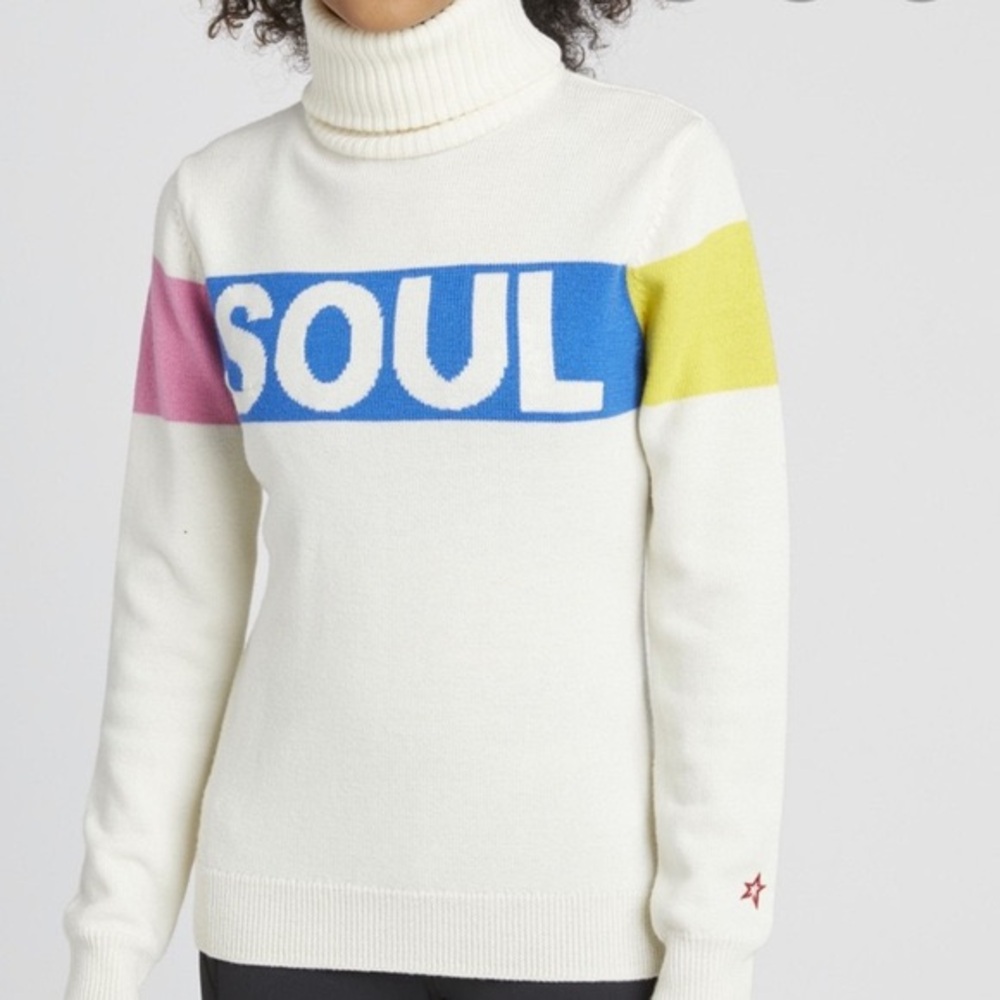 Perfect Moment Cream Turtleneck Sweater with Blue 'SOUL' Panel